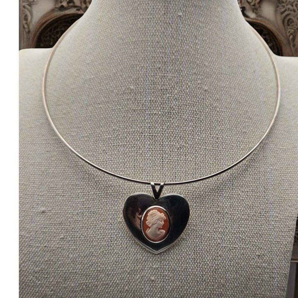 Heart Cameo Taxco Mexico Sterling Silver 925 Torque Choker Vintage Necklace​